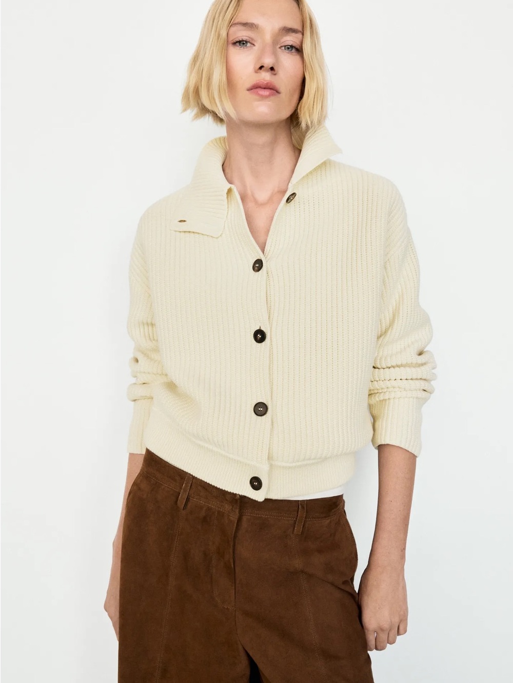 Massimo Dutti Cream Ribbed Button-Front Turtleneck Cardigan